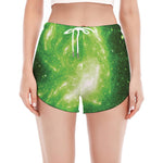 Green Sparkle Galaxy Print Women's Split Running Shorts