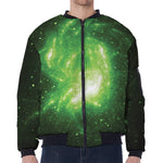 Green Sparkle Galaxy Print Zip Sleeve Bomber Jacket