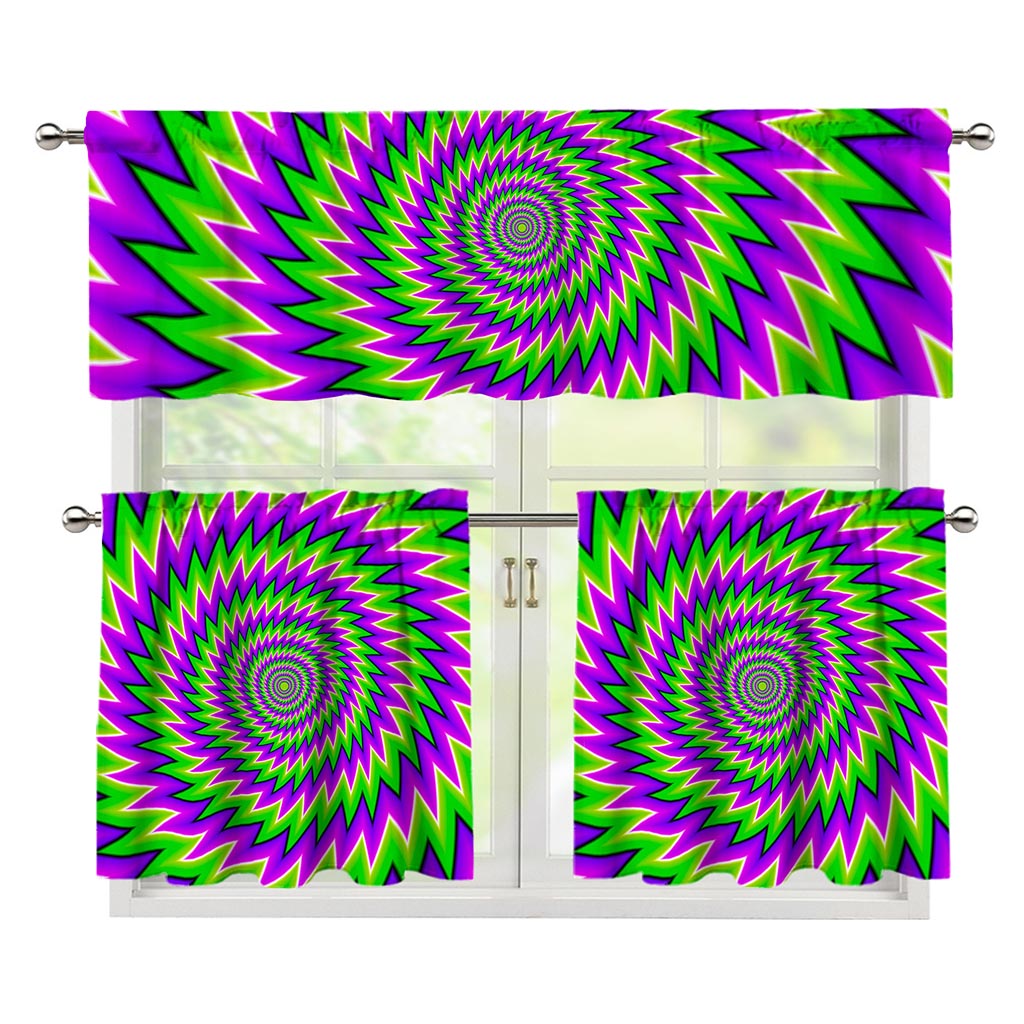Green Spiral Moving Optical Illusion 3 Piece Kitchen Curtains