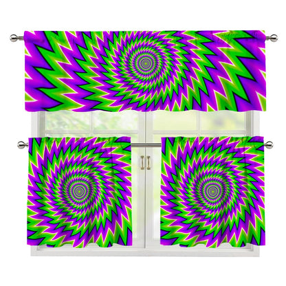 Green Spiral Moving Optical Illusion 3 Piece Kitchen Curtains