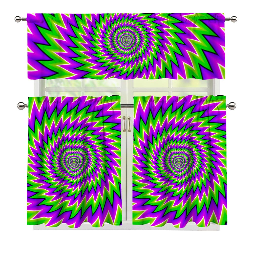 Green Spiral Moving Optical Illusion 3 Piece Kitchen Curtains