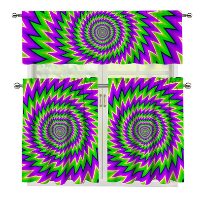 Green Spiral Moving Optical Illusion 3 Piece Kitchen Curtains