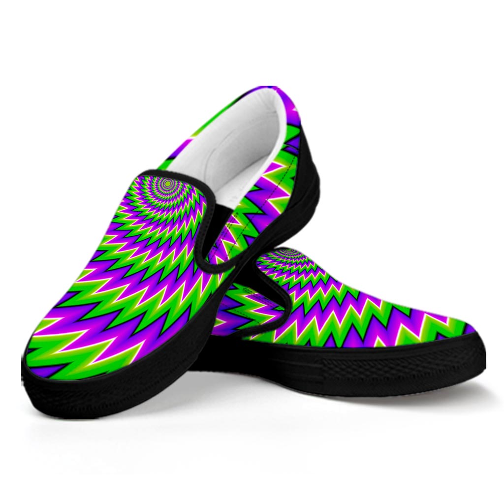 Green Spiral Moving Optical Illusion Black Slip On Sneakers