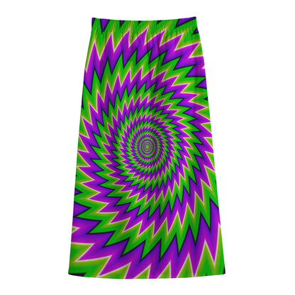 Green Spiral Moving Optical Illusion Cotton Front Slit Maxi Skirt