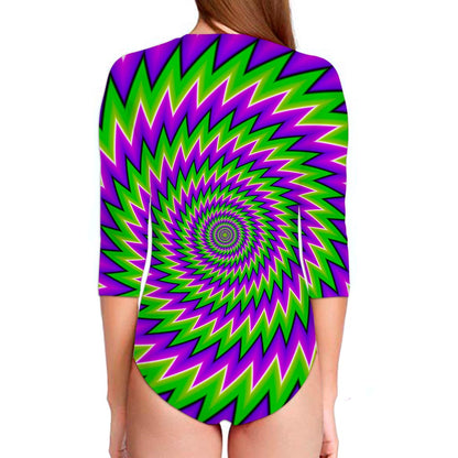 Green Spiral Moving Optical Illusion Long Sleeve Swimsuit