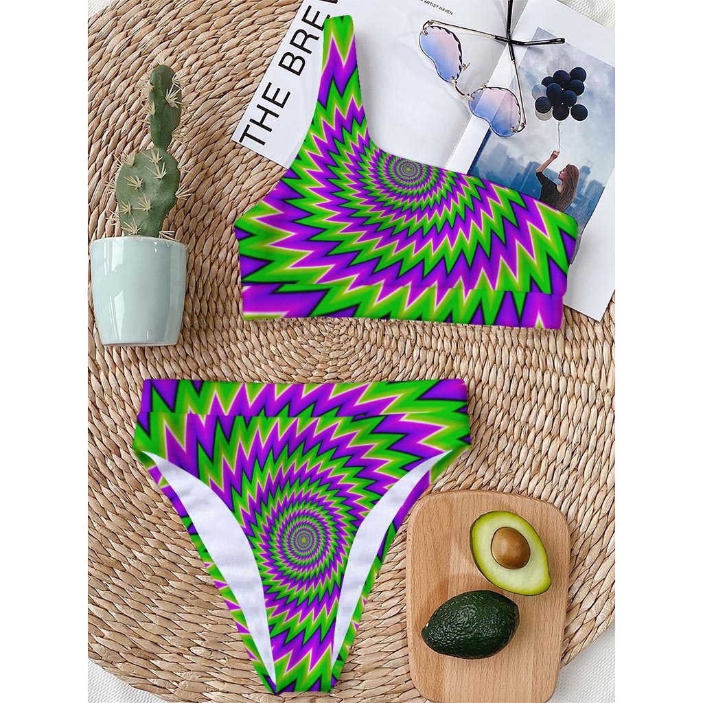 Green Spiral Moving Optical Illusion One Shoulder Bikini Top