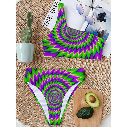Green Spiral Moving Optical Illusion One Shoulder Bikini Top