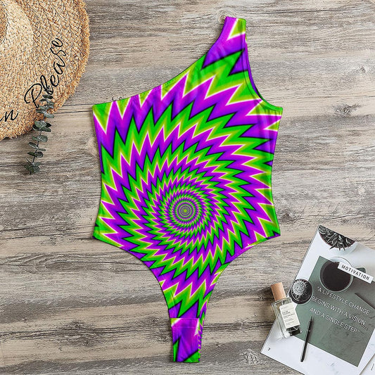 Green Spiral Moving Optical Illusion One Shoulder Bodysuit