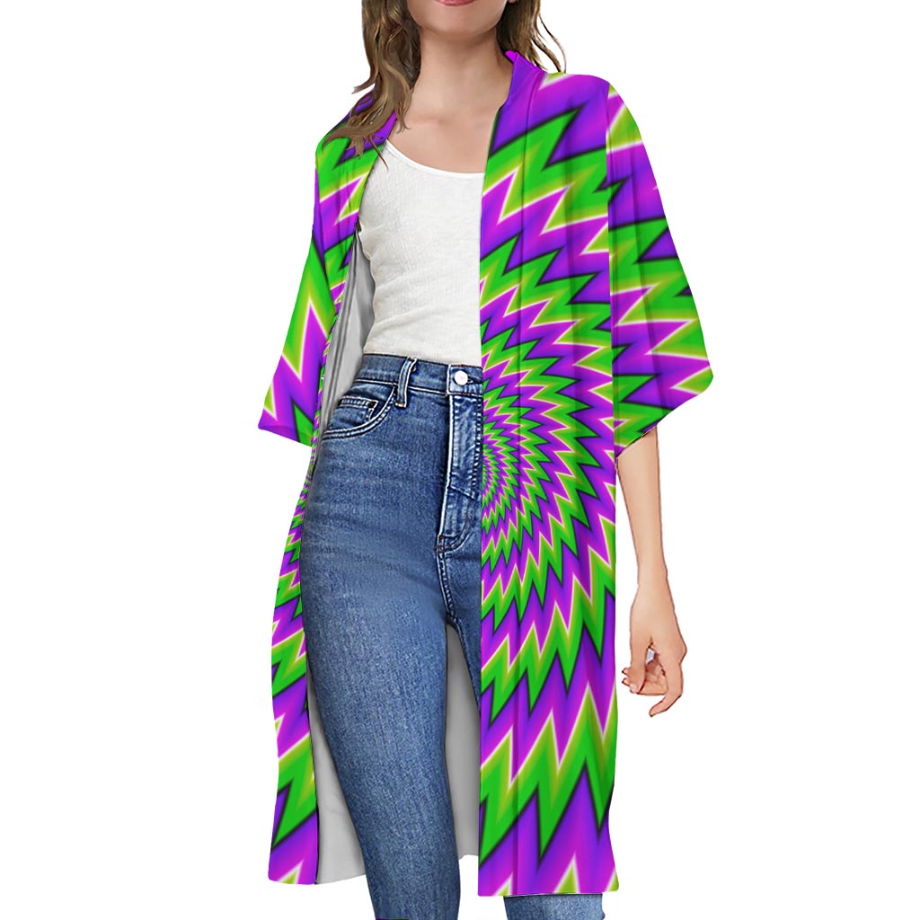 Green Spiral Moving Optical Illusion Open Front Beach Cover Up