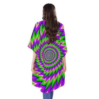 Green Spiral Moving Optical Illusion Open Front Beach Cover Up