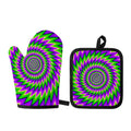 Green Spiral Moving Optical Illusion Oven Mitt And Pot Holder Set