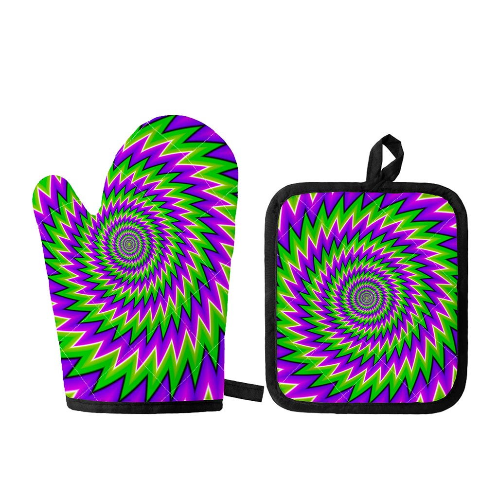 Green Spiral Moving Optical Illusion Oven Mitt And Pot Holder Set