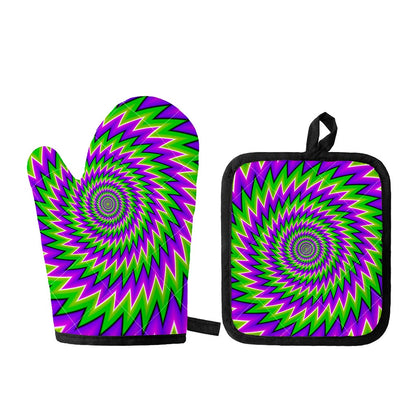 Green Spiral Moving Optical Illusion Oven Mitt And Pot Holder Set