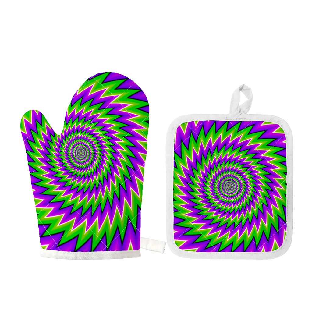 Green Spiral Moving Optical Illusion Oven Mitt And Pot Holder Set
