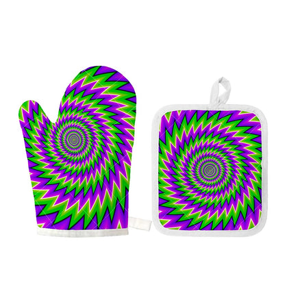 Green Spiral Moving Optical Illusion Oven Mitt And Pot Holder Set