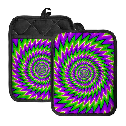 Green Spiral Moving Optical Illusion Pot Holders With Pocket