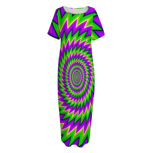 Green Spiral Moving Optical Illusion Short Sleeve Long Nightdress