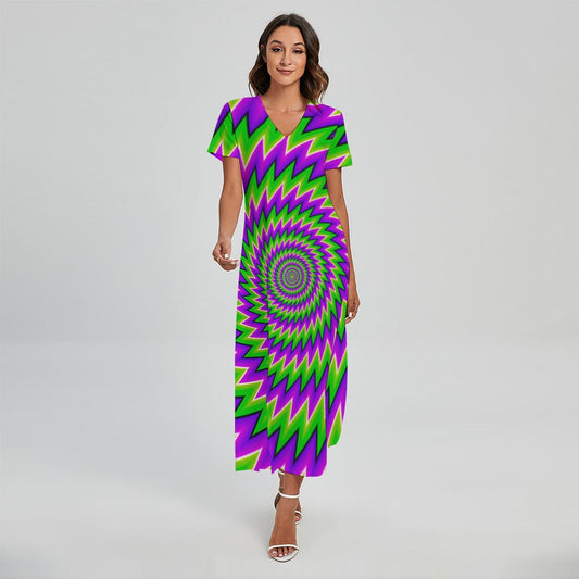 Green Spiral Moving Optical Illusion Short Sleeve Maxi Dress