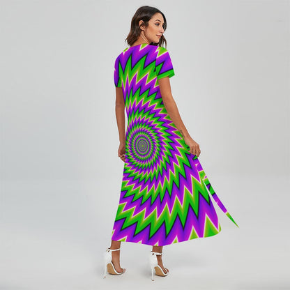 Green Spiral Moving Optical Illusion Short Sleeve Maxi Dress