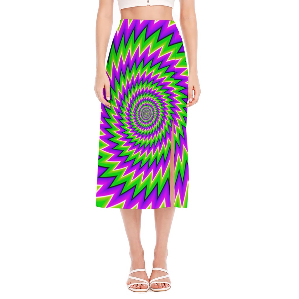 Green Spiral Moving Optical Illusion Side Slit Midi Skirt