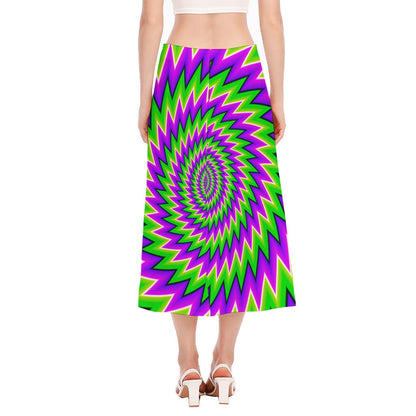 Green Spiral Moving Optical Illusion Side Slit Midi Skirt