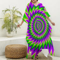 Green Spiral Moving Optical Illusion Silk V-Neck Kaftan Dress