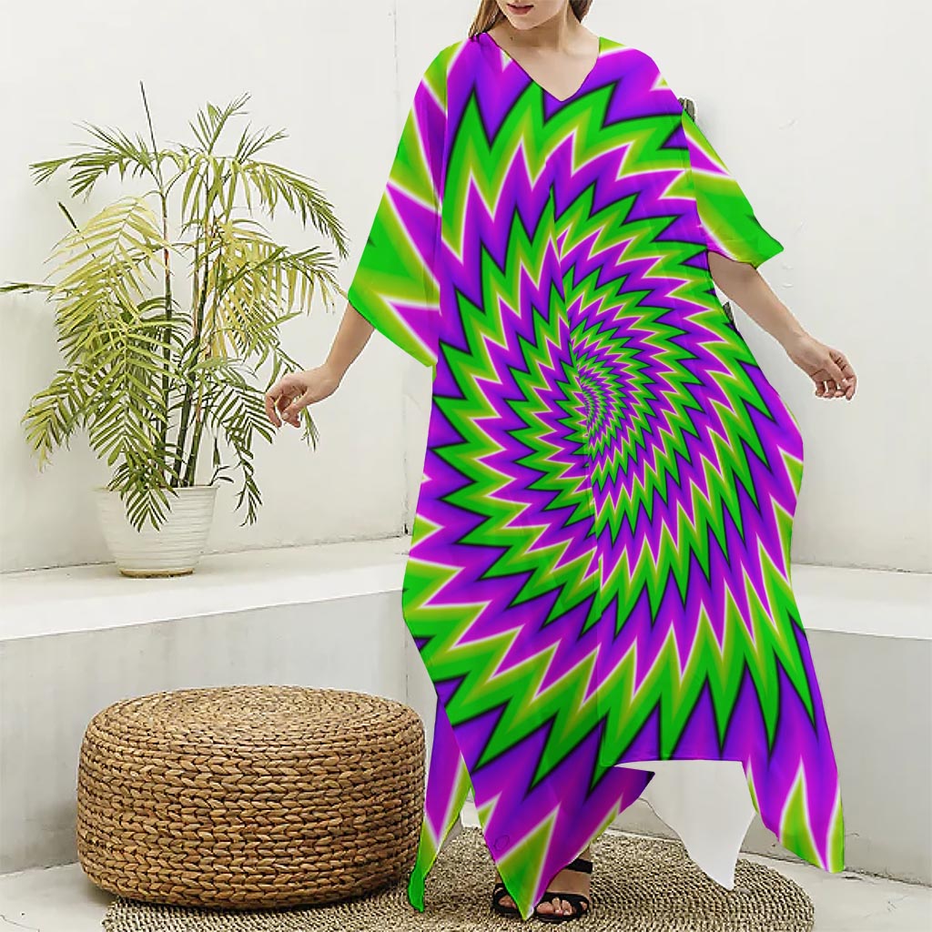 Green Spiral Moving Optical Illusion Silk V-Neck Kaftan Dress