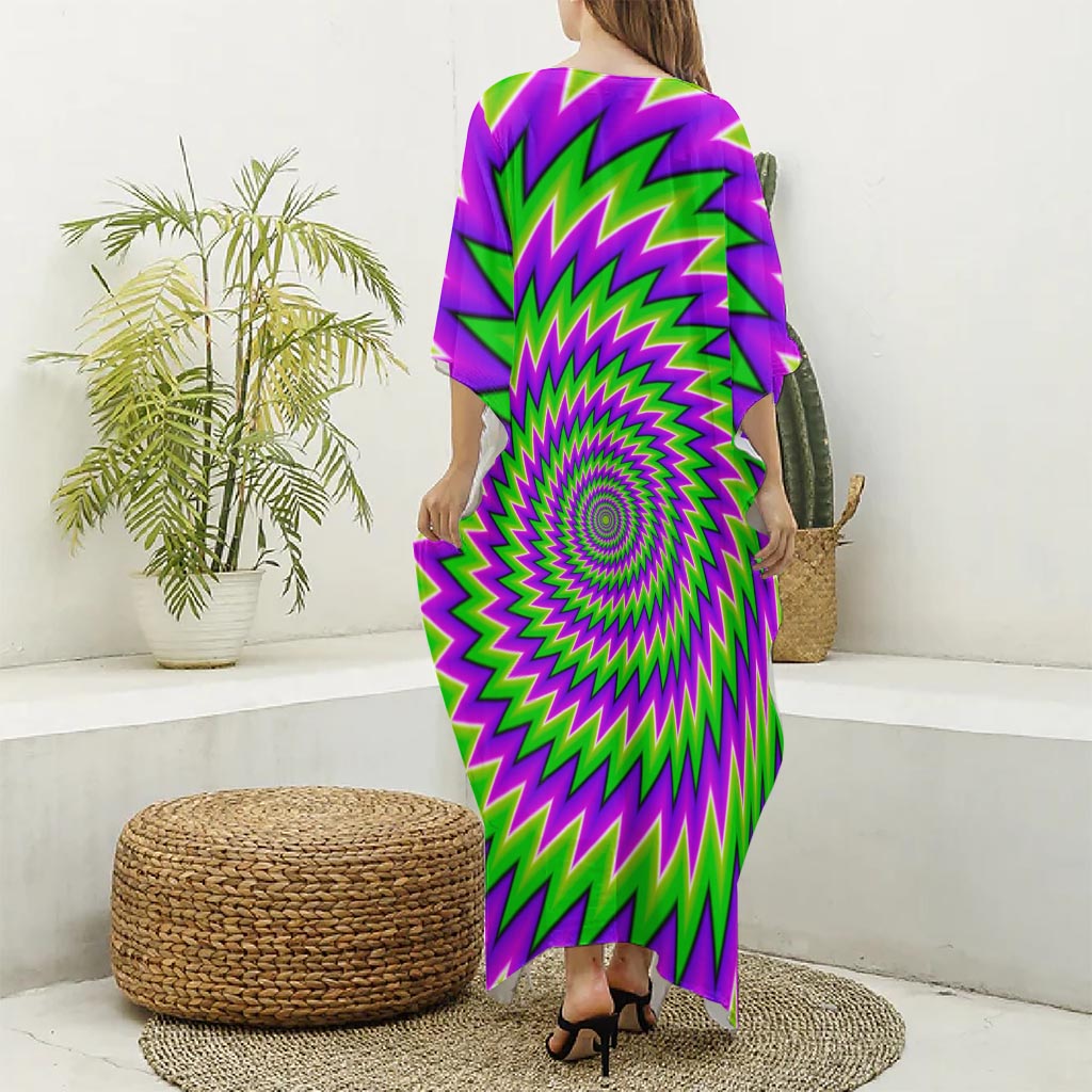 Green Spiral Moving Optical Illusion Silk V-Neck Kaftan Dress