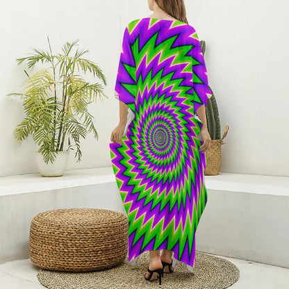 Green Spiral Moving Optical Illusion Silk V-Neck Kaftan Dress