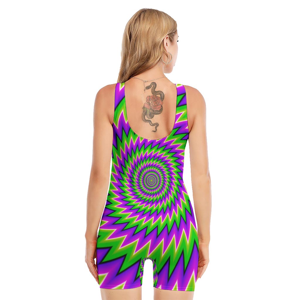 Green Spiral Moving Optical Illusion Sleeveless One Piece Swimsuit