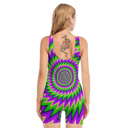 Green Spiral Moving Optical Illusion Sleeveless One Piece Swimsuit