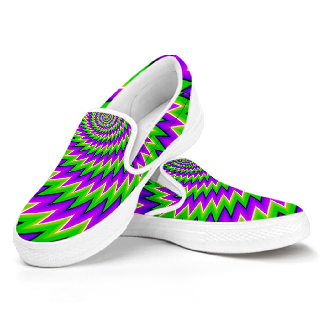 Green Spiral Moving Optical Illusion White Slip On Sneakers