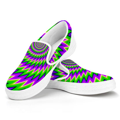 Green Spiral Moving Optical Illusion White Slip On Sneakers