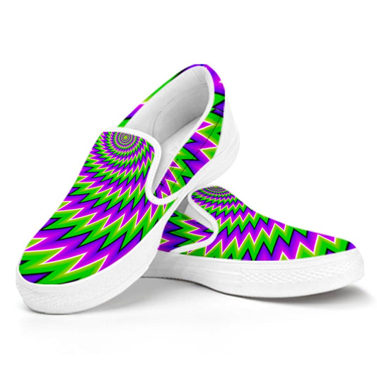 Green Spiral Moving Optical Illusion White Slip On Sneakers