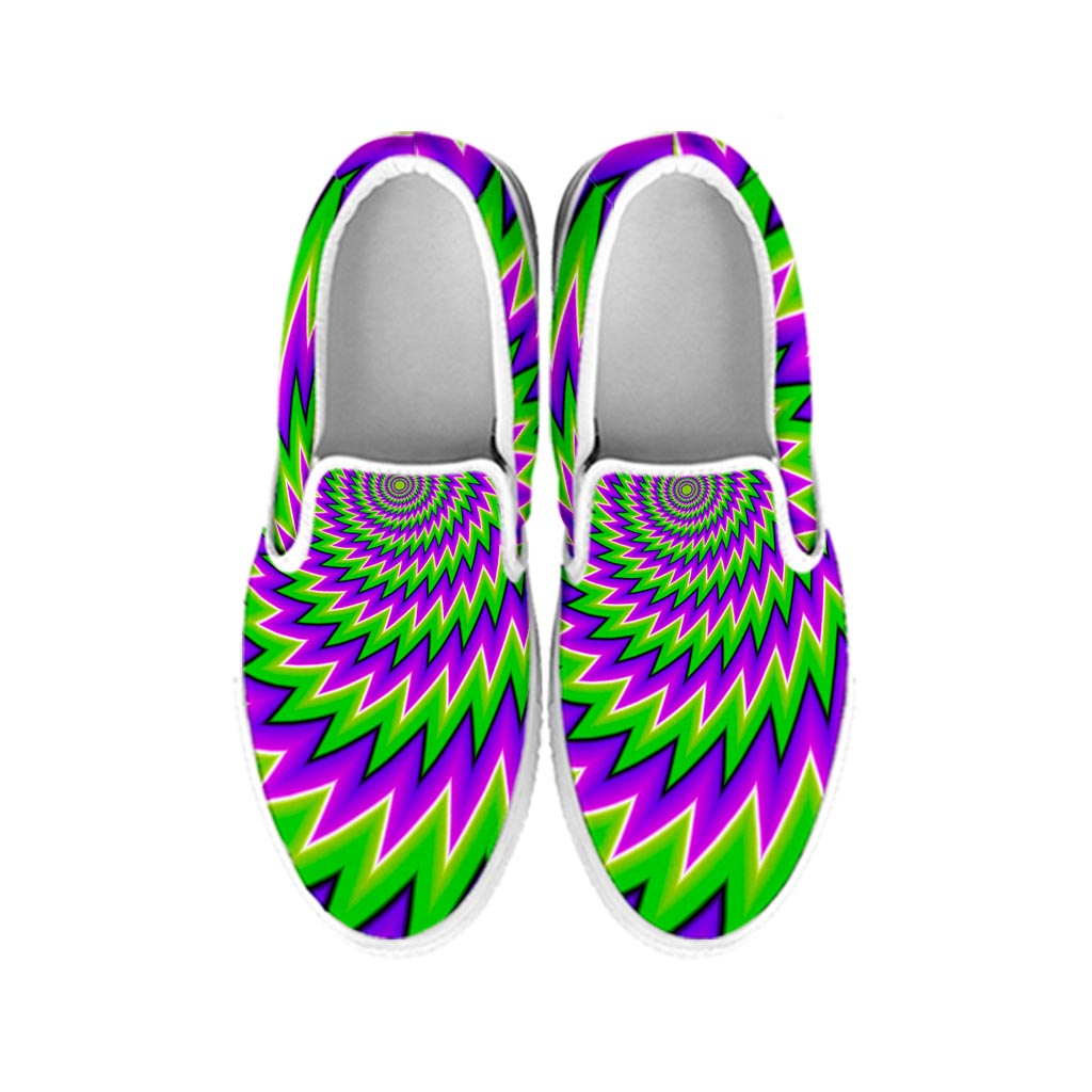 Green Spiral Moving Optical Illusion White Slip On Sneakers