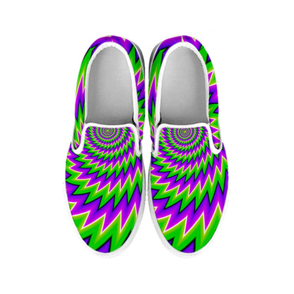 Green Spiral Moving Optical Illusion White Slip On Sneakers