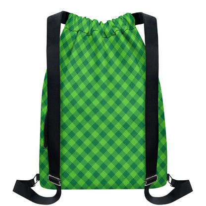 Green St. Patrick's Day Plaid Print Drawstring Backpack