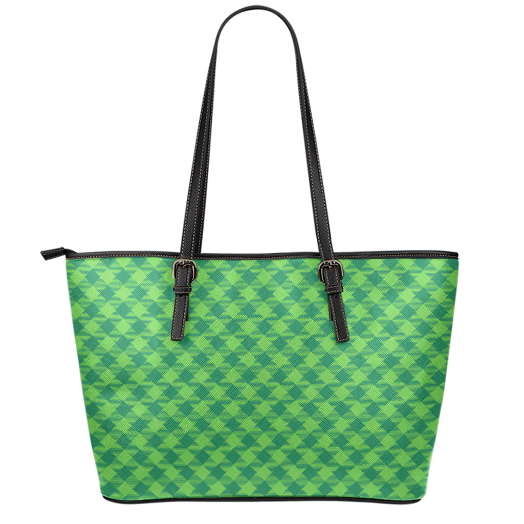 Green St. Patrick's Day Plaid Print Leather Tote Bag