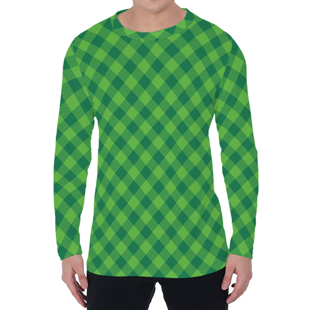 Green St. Patrick's Day Plaid Print Men's Long Sleeve T-Shirt