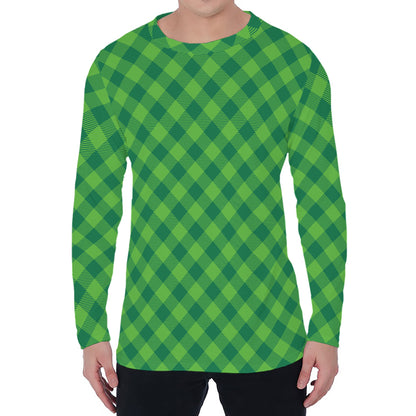Green St. Patrick's Day Plaid Print Men's Long Sleeve T-Shirt