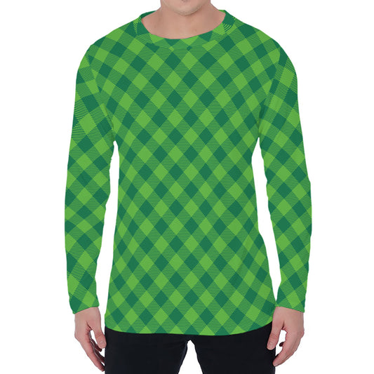 Green St. Patrick's Day Plaid Print Men's Long Sleeve T-Shirt