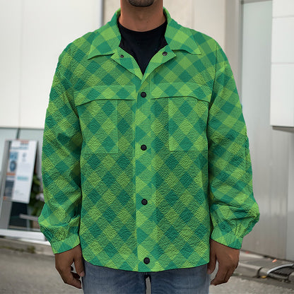 Green St. Patrick's Day Plaid Print Men's Shirt Jacket