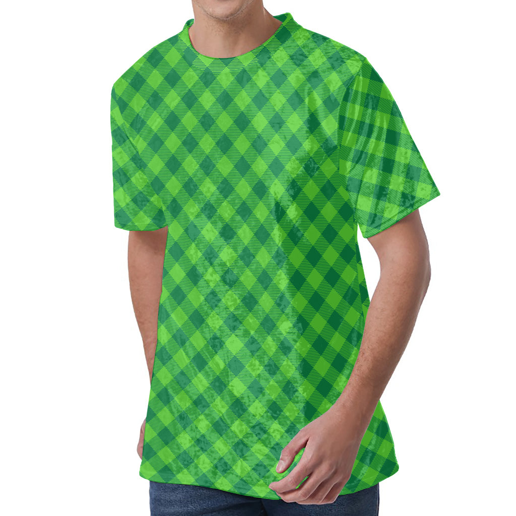 Green St. Patrick's Day Plaid Print Men's Velvet T-Shirt
