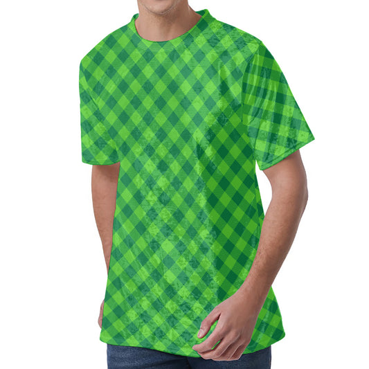 Green St. Patrick's Day Plaid Print Men's Velvet T-Shirt