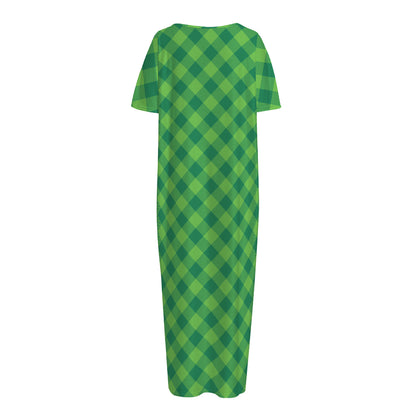Green St. Patrick's Day Plaid Print Short Sleeve Long Nightdress
