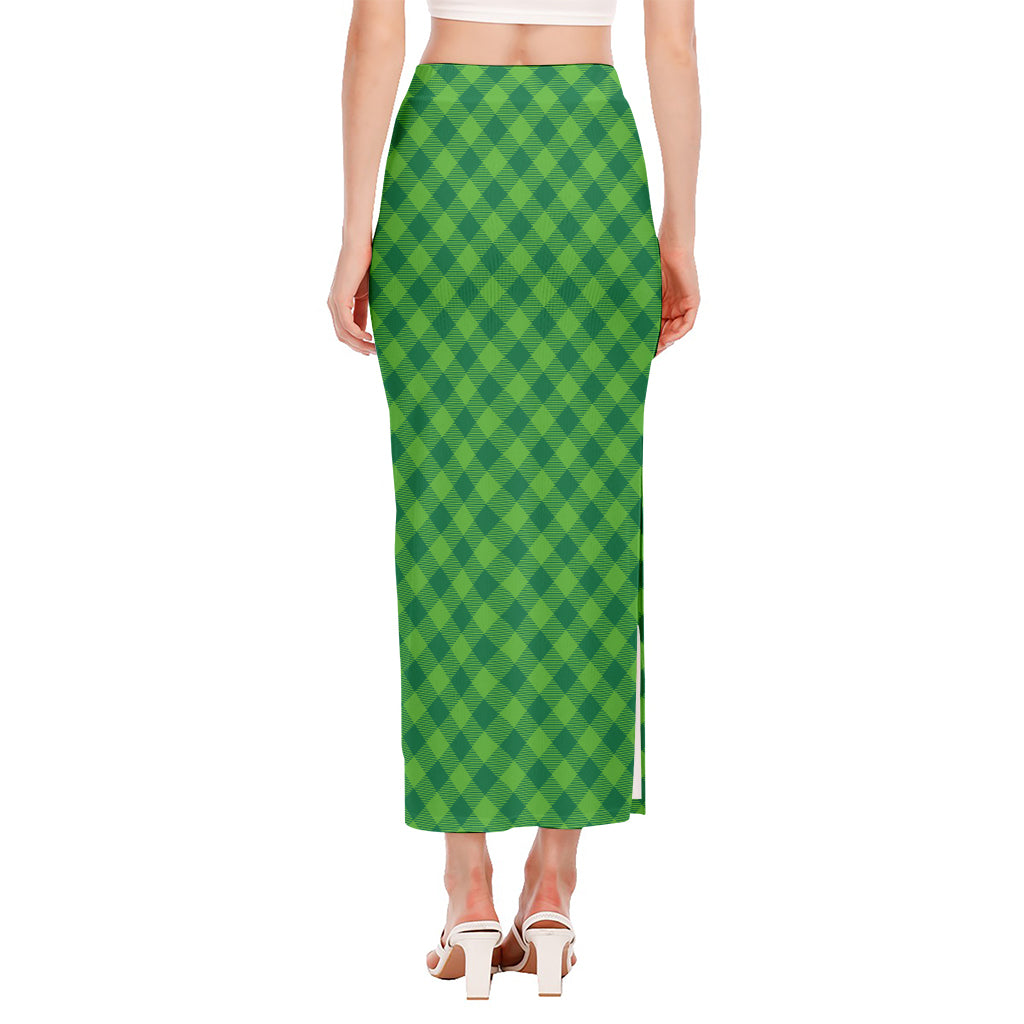 Green St. Patrick's Day Plaid Print Side Slit Maxi Skirt