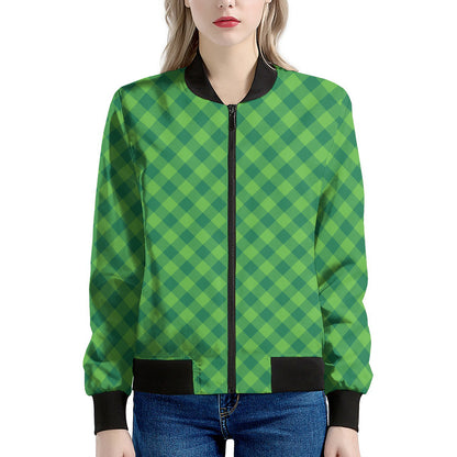 Green St. Patrick's Day Plaid Print Women's Bomber Jacket