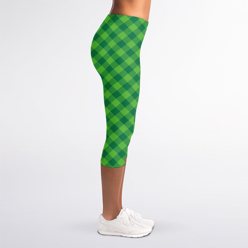 Green St. Patrick's Day Plaid Print Women's Capri Leggings