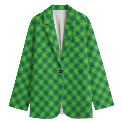 Green St. Patrick's Day Plaid Print Women's Cotton Blazer