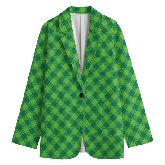 Green St. Patrick's Day Plaid Print Women's Cotton Blazer